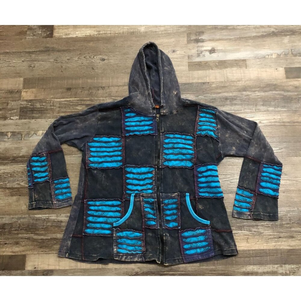 WindHorse Hoodie Artsy Patchwork Art Hoodie Zip up Sweater Size Large